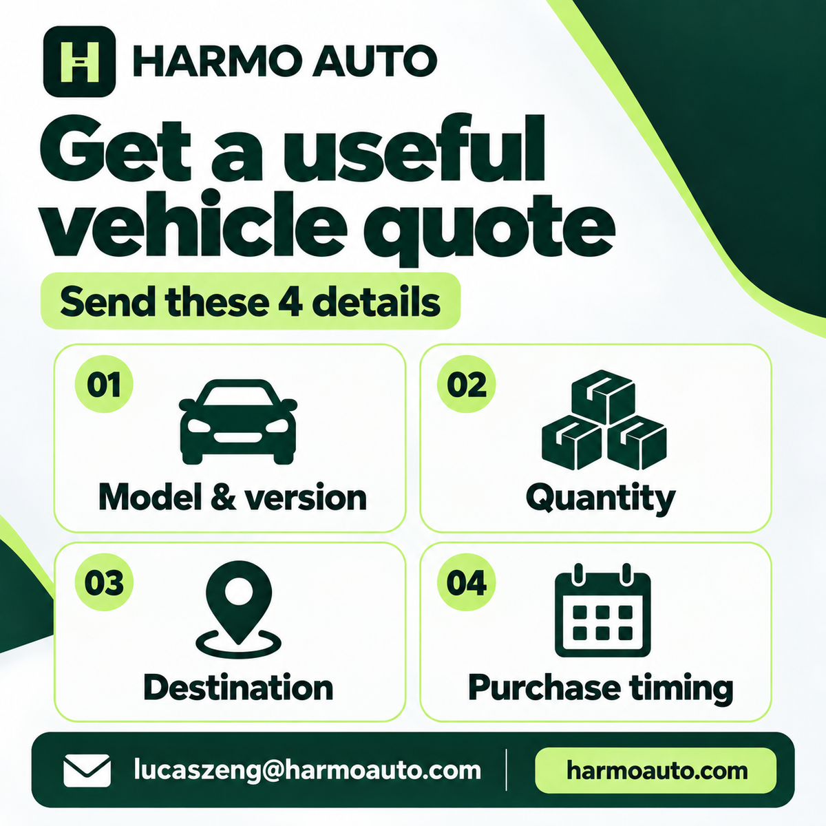 Vehicle quotation checklist: model and version, quantity, destination, and purchase timing.